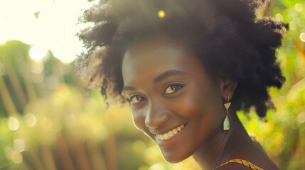 beautiful woman with afro hair smiling on bright background - obrazy, fototapety, plakaty
