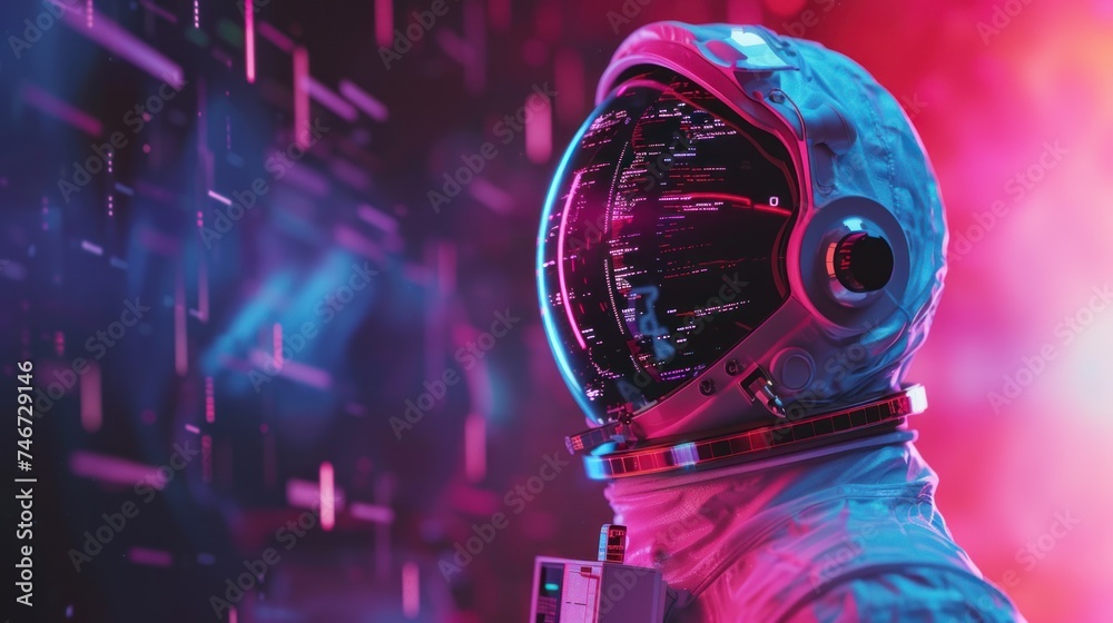 Wall mural futuristic astronaut reads programming code reflected on his space helmet