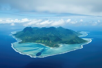 Aerial view of a mountainous tropical island with surrounding coral reef.