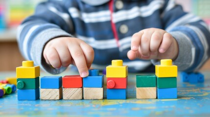 High definition close up of kid playing with colorful plastic constructor blocks