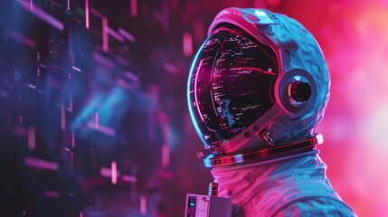 futuristic astronaut reads programming code reflected on his space helmet