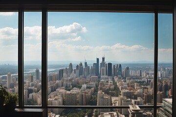 Panoramic city skyline view from modern office window on a sunny day