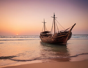 Obraz premium An old sailboat gracefully glides through the water, its weathered sails catching the warm hues of the sunset. The sky is ablaze with shades of orange, pink, and purple, casting a golden glow over the