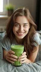 Happy woman holding a detox smoothie in a bright white living room with copy space for text