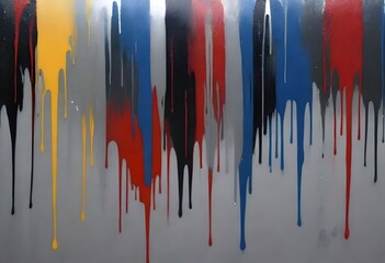Vibrant yellow, blue, and red paint drips cascade down a grey background, creating a striking abstract composition. The vivid colors create a sense of movement against the static grey. AI generation