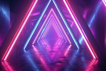 A vibrant corridor with glowing neon triangle shapes creating a futuristic tunnel effect