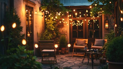 Fototapeta na wymiar Simple patio furniture and string lights surrounded by greenery at night