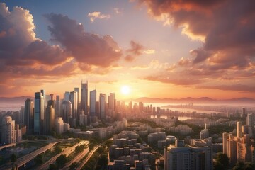 Obraz premium Stunning City Skyline at Sunset with Modern Skyscrapers and Dramatic Clouds