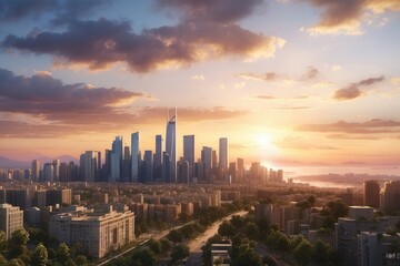 Obraz premium Modern City Skyline at Sunset with Dramatic Clouds and Winding River