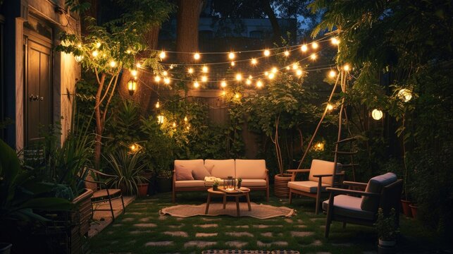 Simple patio furniture and string lights surrounded by greenery at night