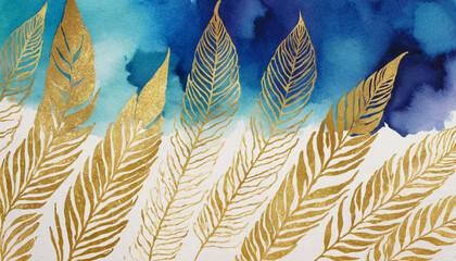  watercolor navy blue beige pink gold floral background pattern with feathers and leaves banner format copy space