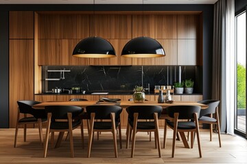 A kitchen room with a modern interior design with a wooden table and chairs for the house