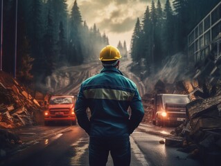 Engineer on the side of the road, supervising the construction of a building, view from behind - obrazy, fototapety, plakaty