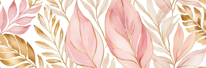 watercolor pink beige and gold floral background pattern with flowers and leaves banner format copy space
