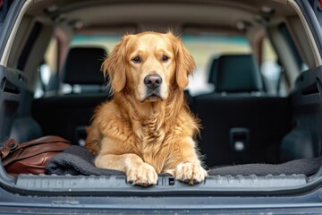 A golden retriever in the trunk of a car. Traveling with a pet, a cute dog in the trunk of a car