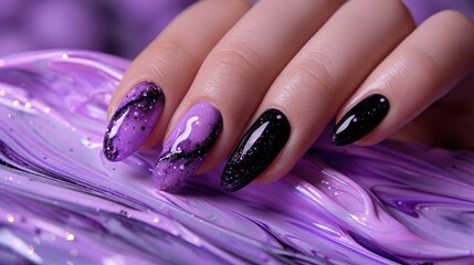Photos of the design of purple nails on the hands, advertising the color of the nails