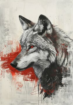 Portrait of a wolf painted in black and red colors