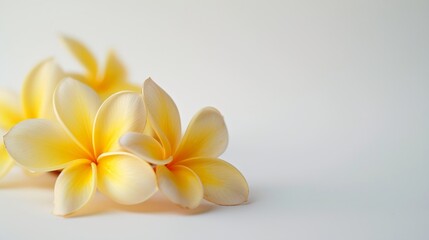 Fototapeta premium Close-up view of several blooming frangipani plumeria flowers on solid light background, copy space for text.