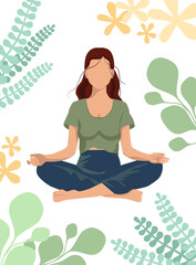 Faceless young woman sits in yoga lotus position. Vector illustration in flat style
