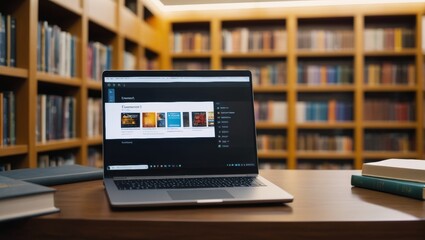 Laptop with learning interface on screen with literature books on the table in a library in the afternoon. E-learning and education concept