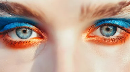 Foto op Aluminium Woman eye make up with blue eyes and blue orange makeup © PSCL RDL