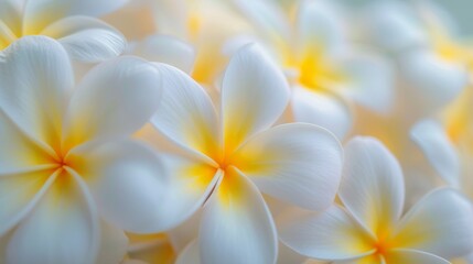 Close-up view of several blooming frangipani plumeria flowers, filling the frame, selective focus, wallpaper background.