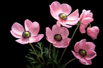 Fototapeta na wymiar Delicate Pink Anemones Against Black