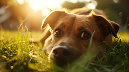 
A charming dog resting on the vibrant green grass in a sunlit spring park - obrazy, fototapety, plakaty