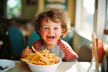Joyful Child with French Fries in Bright Diner