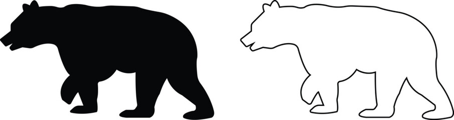 Various bear silhouettes icons set isolated on the transparent background. Bear animal collection, various poses and position black flat or line vector for zoo, wildlife, graphic, web and mobile app.