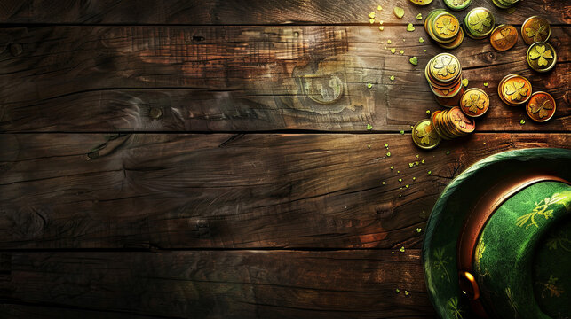 A brown  background showcases a green leprechaun hat decorated with clover and gold coins, perfect for St. Patrick's Day