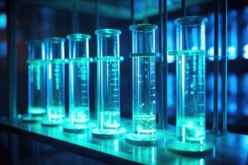 Graduated test tubes with blue luminous liquid.