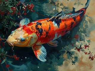 fish tattoo vector illustration, koi, in the style of dark beige and gold, realistic oil paintings, pixel art, bamileke art, kimoicore, texture-rich canvases, sgrafitto