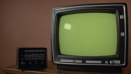 Close Up Footage of a Dated TV Set with light yellow Screen Mock Up Chroma Key Template Display