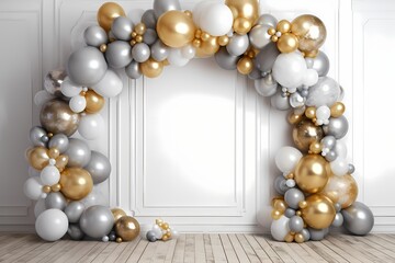 Fototapeta na wymiar A captivating display of metallic birthday balloons in shimmering gold and silver, arranged in an elegant arch against a white backdrop, ready for a special occasion.
