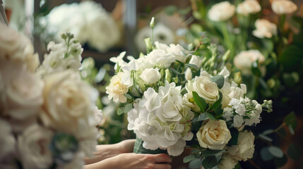 Obraz na płótnie Canvas The florist makes a bouquet for the bride.