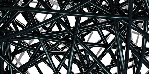 Complex network of intersecting black metal struts against a white background 3d render illustration