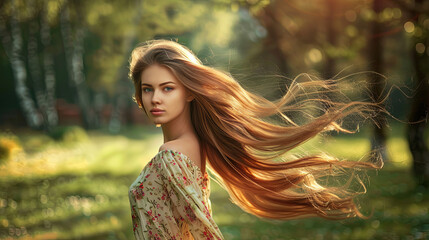 Naklejka premium Beautiful spring girl with long hair in a spring blooming park