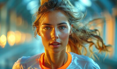 A beautiful  female professional runner sprinting away