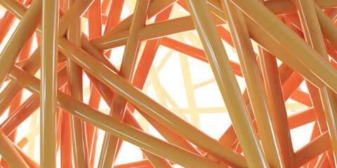 Intricate network of orange metallic beams against a pale background 3d render illustration