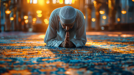 Believers in prayer at sunset during Ramadan, sincerity in every gesture.