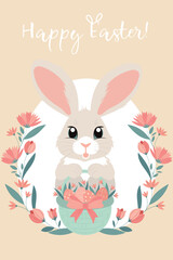 Cute greeting card with cartoon bunny holding a basket full of painted Easter eggs and spring flowers. Trendy Easter design with lettering in pastel colors. Hand drawn vector illustration.