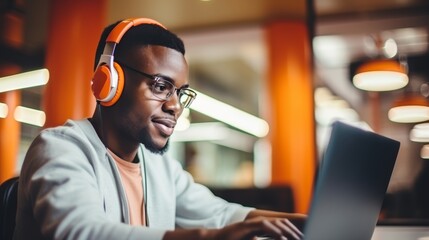 African-american man in headphones working at desk, student business training online
