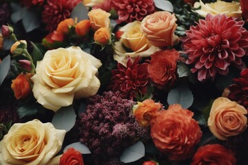 Obraz na płótnie Canvas Vibrant Bouquet of Yellow Roses and Red Dahlias Amidst Seasonal Florals