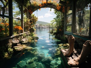 foot spa & spa packages & spa services online, in the style of tender depiction of nature, colorful washes, sparkling water reflections, whimsical wilderness - obrazy, fototapety, plakaty