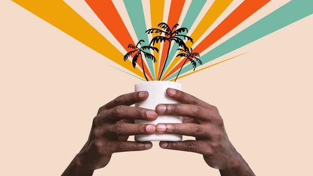Stop motion, animation. Male hands holding cup with palm trees appearing over multicolored background design. Concept of summer mood, surrealism, creativity, inspiration. Abstract art
