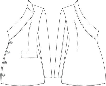 collared one sleeve long sleeve asymmetric neck buttoned darted mini jacket a line short dress template technical drawing flat sketch cad mockup fashion woman design style model