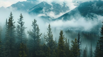Banff national park foggy mountains and forest in Canada.