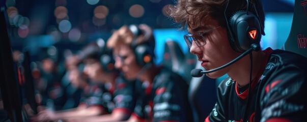 Medium shot An eSports team leans in eyes glued to screens as they navigate a critical make or break moment in the tournament - obrazy, fototapety, plakaty