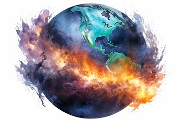 Eco-solution concept. Planet Earth with pollution, shows industrial pollution destroying the Earth. the smoke is black. industrial exhausts, fires  - obrazy, fototapety, plakaty